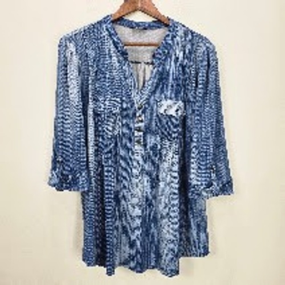 Cocomo Top Blouse 3X Blue Stretch Pintuck Roll Tab Sleeve Office Career